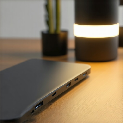 A clean desk setup showing a USB-C dock and high-quality lighting for productivity.