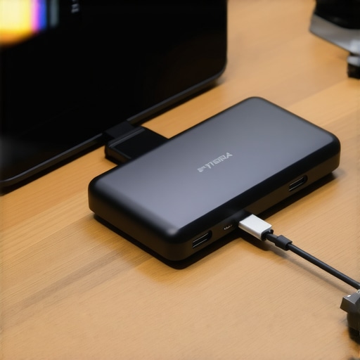 Professional Workspace Docking Station Setup A high-quality USB-C dock with clean cable management on a modern desk.