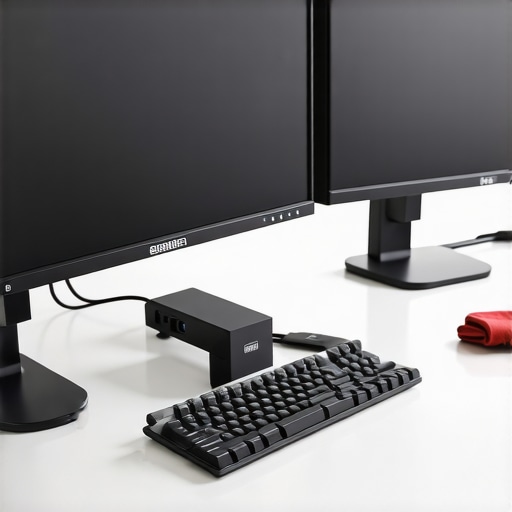A person cleaning a clean desk setup with dual monitors and a docking station