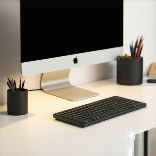 A clean professional desk setup showing a USB-C dock, monitor light bar, and organized desk shelf.