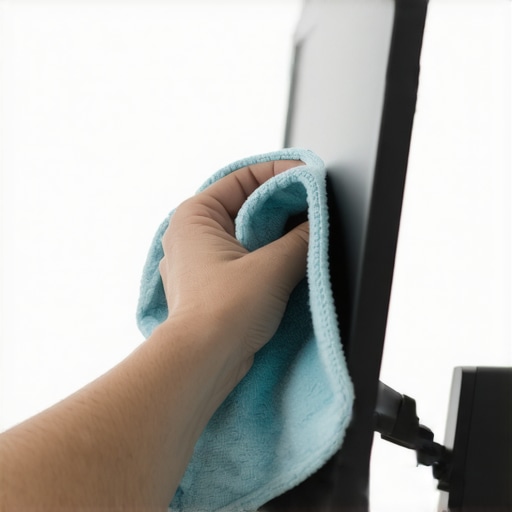 Professional monitor cleaning technique Close up of microfiber cloth cleaning a computer screen