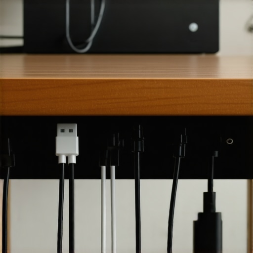 Professional under-desk cable management A neatly organized power strip and cables mounted to the underside of a floating desk surface.