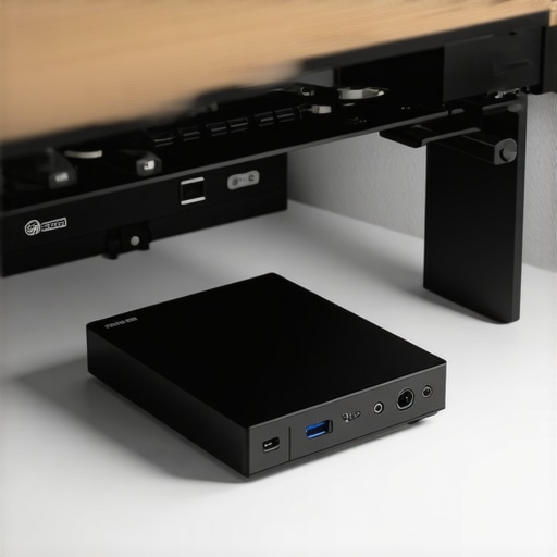 A clean setup showing an external hard drive mounted securely under a desk with organized cables.