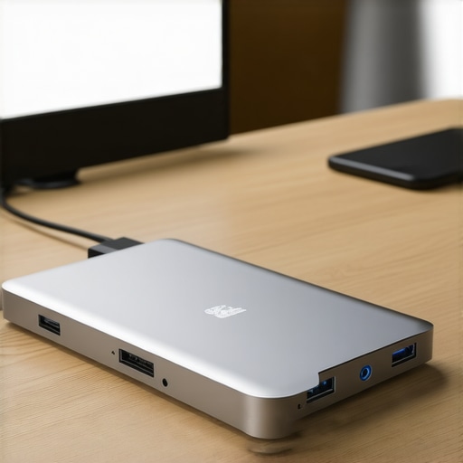 A metal USB-C hub placed on a desk with plenty of space to prevent overheating.
