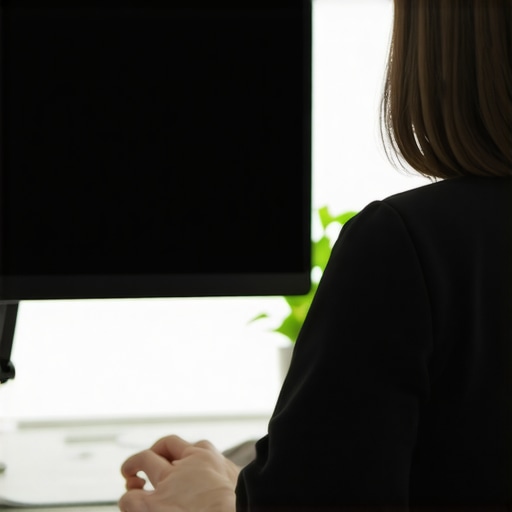 Proper Ergonomic Monitor Height Alignment Man sitting at a desk with correct monitor height for better posture.