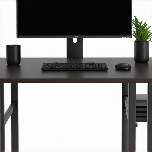 Proper Ergonomic Vertical Monitor Alignment A workspace showing a vertical monitor at the correct height with a USB-C dock and desk lighting for eye comfort.