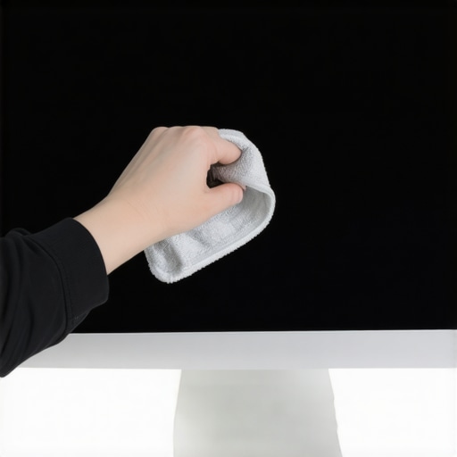 Proper Monitor Cleaning Technique Person cleaning a high-end computer monitor with a microfiber cloth.