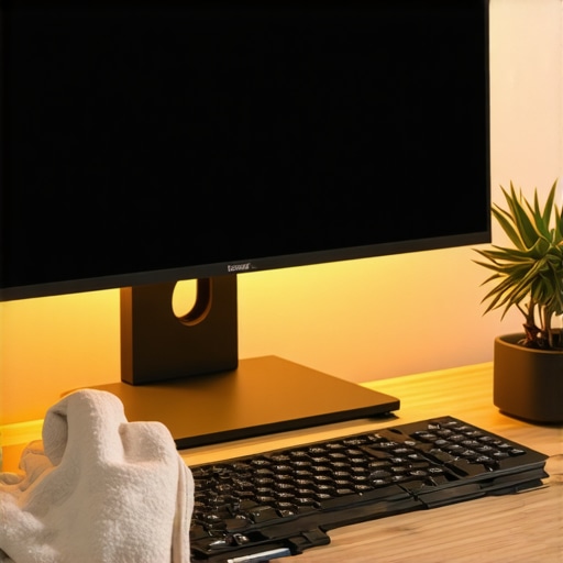 Proper Monitor Maintenance and Desk Organization A person cleaning a computer monitor on a modern desk setup with a wooden riser and bias lighting.