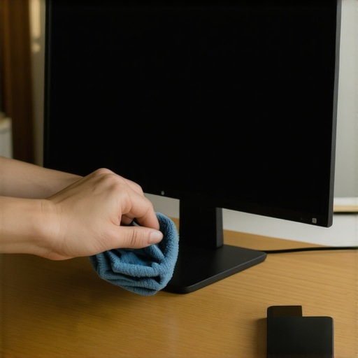 Proper Monitor Maintenance and Desk Setup Care Cleaning a high-end computer monitor with a microfiber cloth