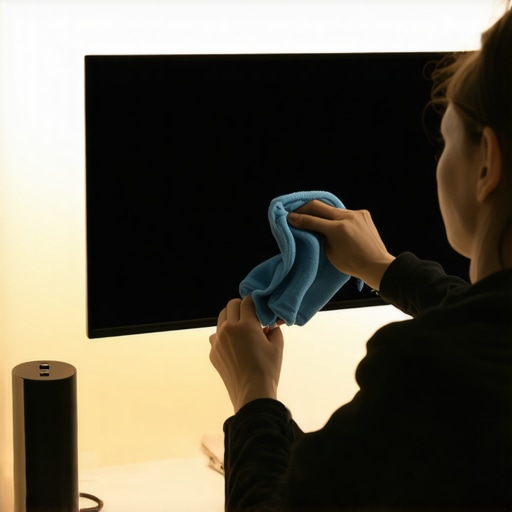 Proper Monitor Maintenance for a Productive Workspace Person cleaning a high-end computer monitor with a microfiber cloth at a clean desk setup.