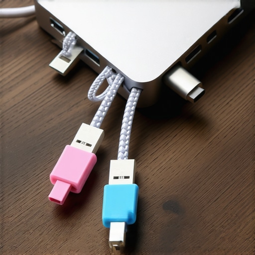 Close up of a USB-C dock with neatly labeled and managed cables on a desk