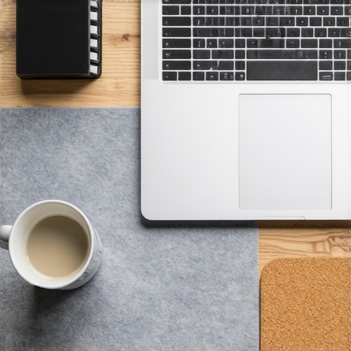A wooden desk protected by a grey felt mat and laptop stand to prevent heat damage.