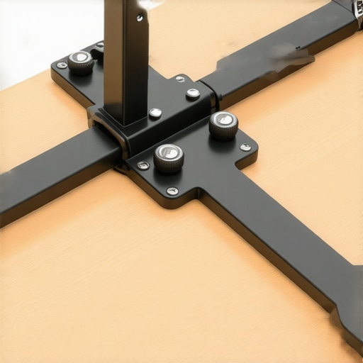 A close-up of a monitor arm clamp reinforced with metal plates on a desk to prevent wobbling.