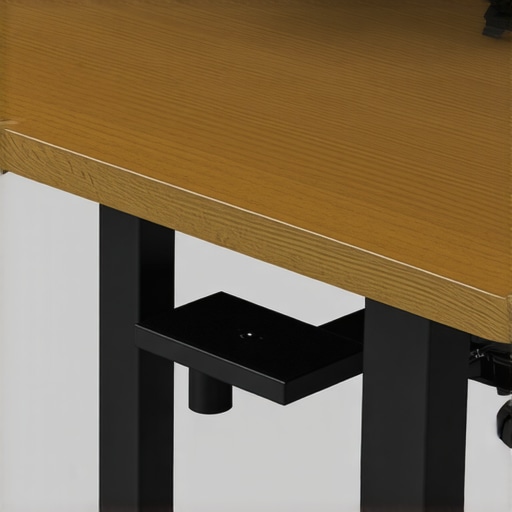 Reinforced desk mount with steel plate Close-up of a steel reinforcement plate stabilizing a monitor arm mount on a wooden desk.