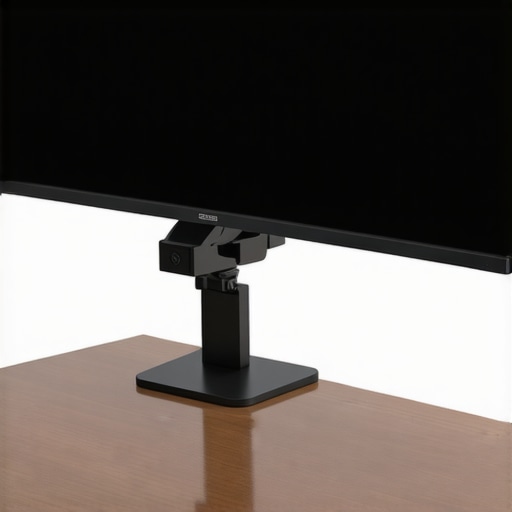 Reinforced dual monitor arm mount on desk A dual monitor arm clamped to a desk surface with steel reinforcement plates to prevent shaking.