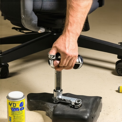 A person using a pipe wrench to detach a faulty gas cylinder from an office chair base.