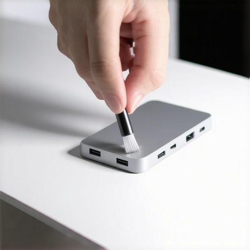 Routine Maintenance for Office Tech Cleaning dust from a USB-C docking station on a professional desk