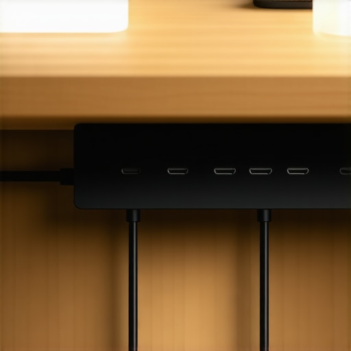 Safe under-desk USB-C hub mounting setup Under-desk mounted USB-C hub with clean cable management clips and air gap spacing