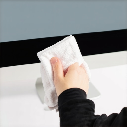 Safely Cleaning a Productivity Monitor A close-up of a hand using a microfiber cloth on a computer screen to illustrate proper maintenance.