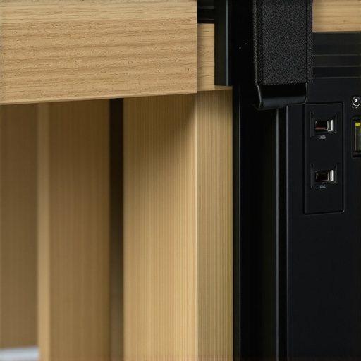 Secure Mounting with Industrial Fasteners Close-up of power strip mounting process using hook-and-loop fasteners under a wooden desk.