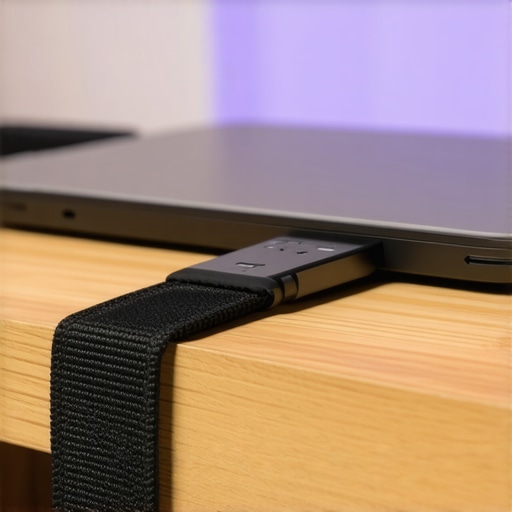 Secure USB-C Cable Management Close-up of a Velcro strap securing a USB-C cable under a desk to prevent port strain.