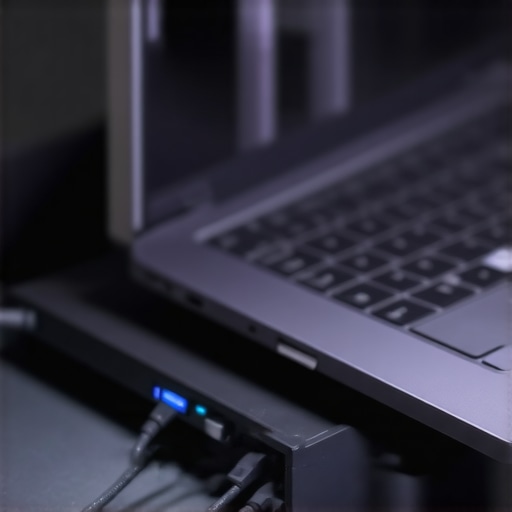 A neat workspace showing a USB-C dock mounted under a laptop stand with organized cables.