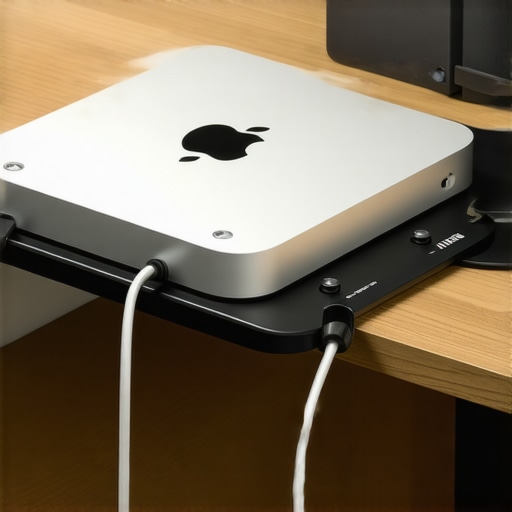 Secure Under-Desk Mac Mini Mounting A Mac Mini mounted under a wooden desk using a black steel bracket with organized cables.