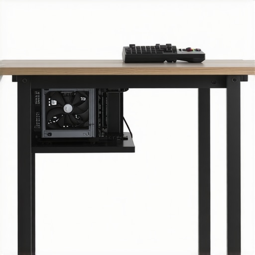 Close-up of a PC mounted under a standing desk for cable management