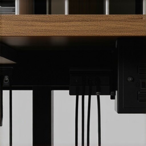 Close-up of a power brick mounted under a desk with cable management clips for a clean setup.