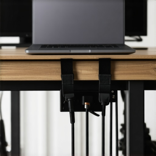 Securing Power Bricks Under a Standing Desk Industrial Velcro straps holding a heavy laptop power brick underneath a desk frame.
