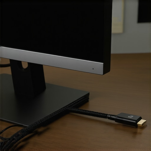 Close-up of high-quality braided cables plugged into a computer monitor to prevent signal blackouts.
