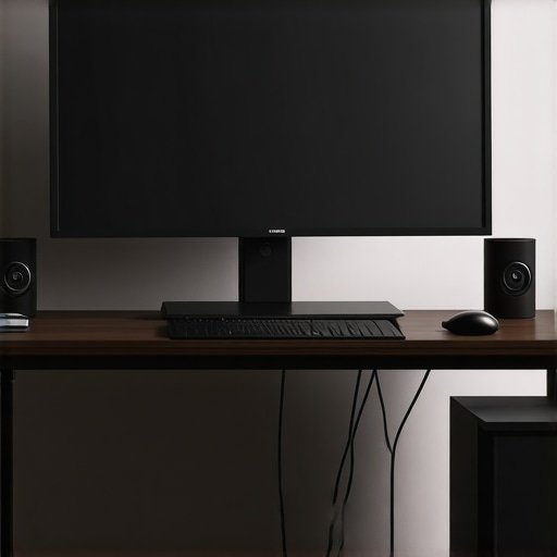 Sleek Minimalist Desk Setup with Organized Cables A clean modern desk setup showcasing organized cables, a computer monitor, and a premium USB-C dock.