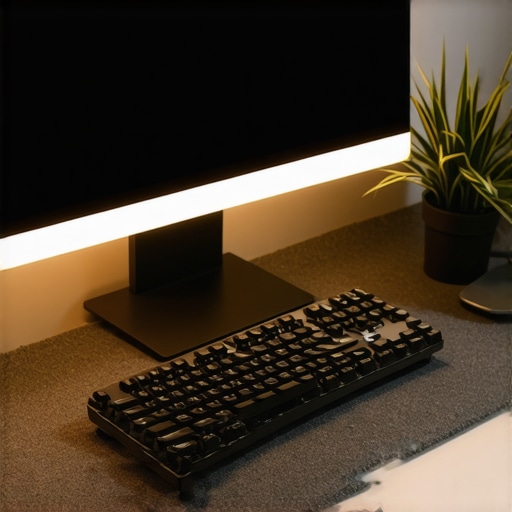 A monitor light bar illuminating a clean, minimalist desk setup with no screen glare.