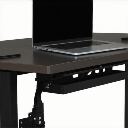 Sleek Under-Desk Laptop Mounting Solution A laptop stored in a hidden under-desk shelf to save workspace surface area.