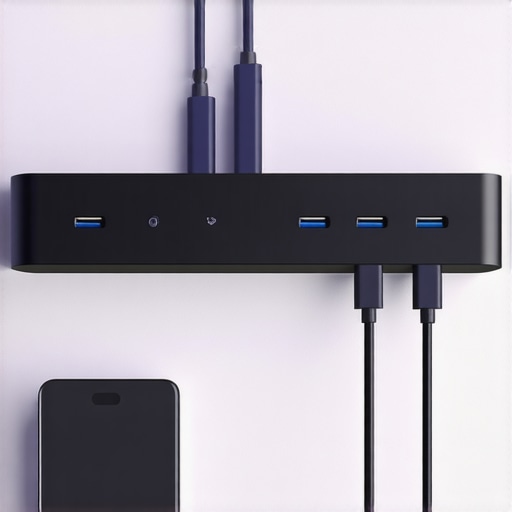 A close-up of a high-performance USB-C dock and indirect desk lighting.