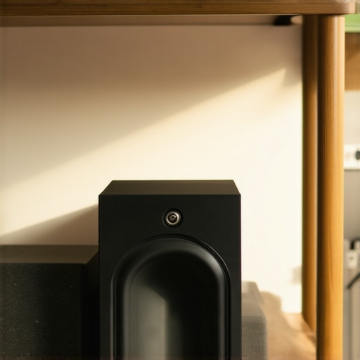 Subwoofer decoupled from floor under desk An isolated subwoofer under a desk to prevent muddy bass vibration