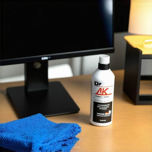 Tech Maintenance Essentials Professional monitor cleaning kit and compressed air for desk maintenance.