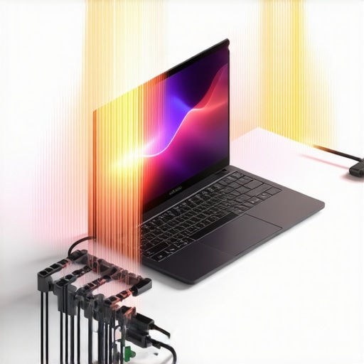 Close up of a closed laptop in a stand next to a USB-C dock with heat management issues illustrated.
