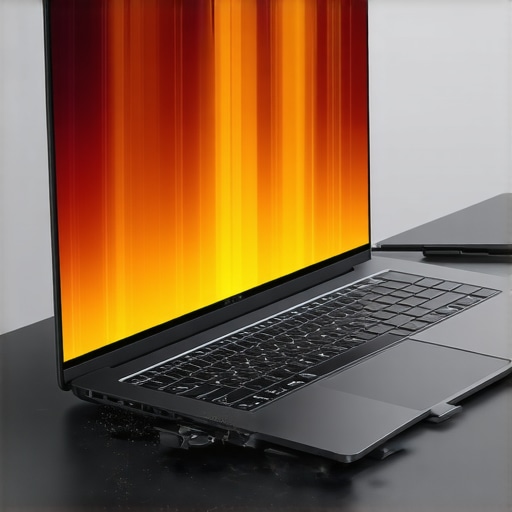 A closed laptop on a stand showing thermal stress points near a USB-C dock.