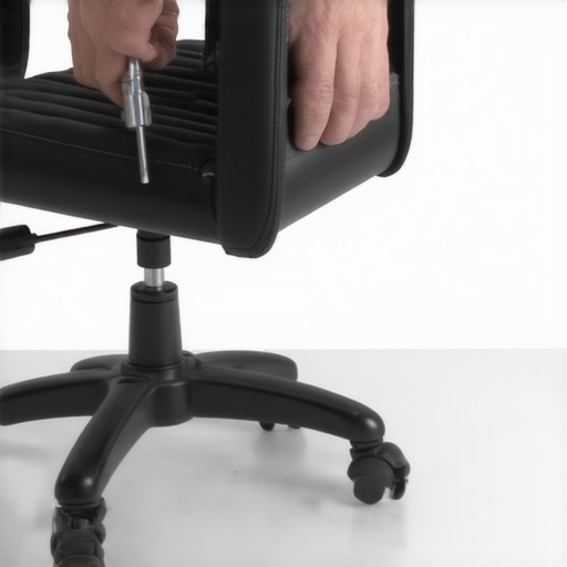 Hands tightening a metal bolt under an office chair seat to stop squeaking noises.