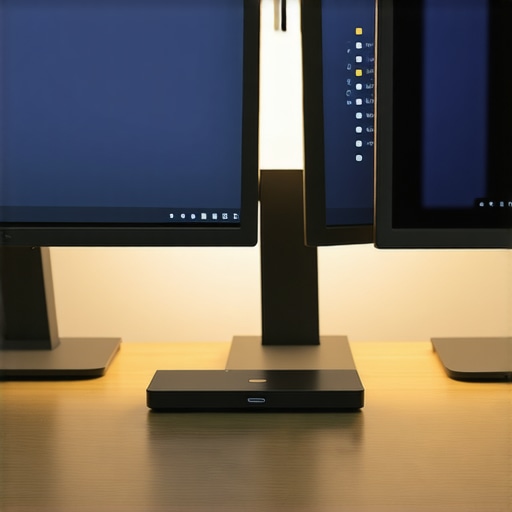 Comparison of three monitors on a desk showing color calibration differences and a docking station.