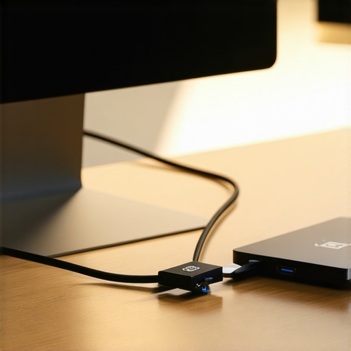 USB Extension Cable Routing for Wireless Receivers A neat USB extension cable routed under a monitor stand to prevent wireless keyboard lag from USB-C dock interference.