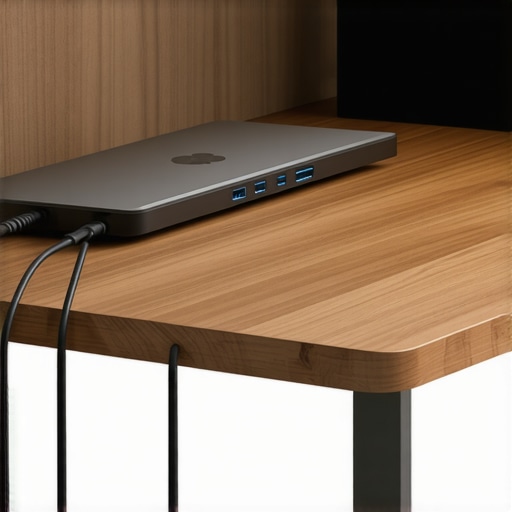Under-Desk Cable Management Setup Clean cable management and USB-C dock mounted under a floating wooden desk