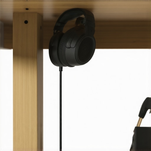 Under-Desk Cable Routing and Headphone Hook Neat headphone cable routing clip and hanger mounted under a wooden desk
