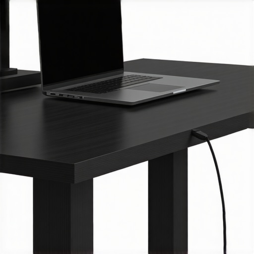 A minimalist desk with a laptop hidden in an under-desk mount for a clean workspace.