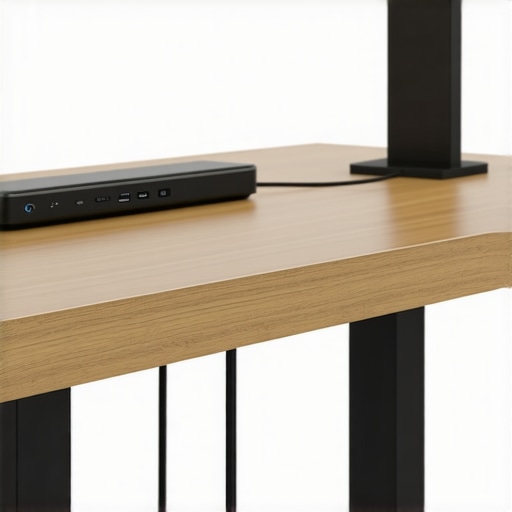 Under-Desk Mechanical Cable Management Properly mounted power strip and USB-C hub under a floating wooden desk using mechanical fasteners and velcro straps.