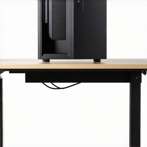 Under-desk PC tower mounting solution Close-up of a PC tower mounted under a standing desk with professional cable management.