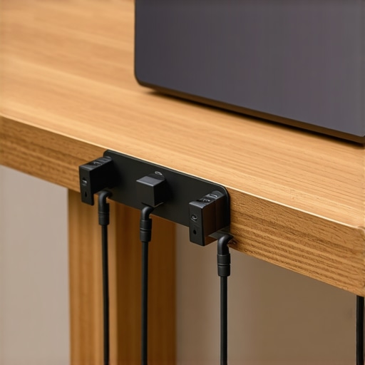 Under-desk USB-C dock mounting with clean cable management A neatly mounted USB-C hub under a desk with silicone cable ties organizing the cords