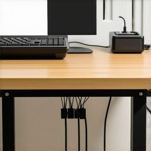 Under-desk cable management execution Neatly managed cables and power strip mounted under a desk.