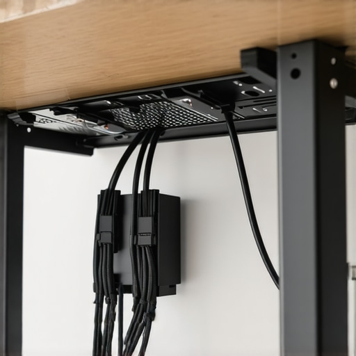 Under-desk mesh cable management tray Close up of a black mesh tray holding a monitor power brick under a desk for better airflow and organization.